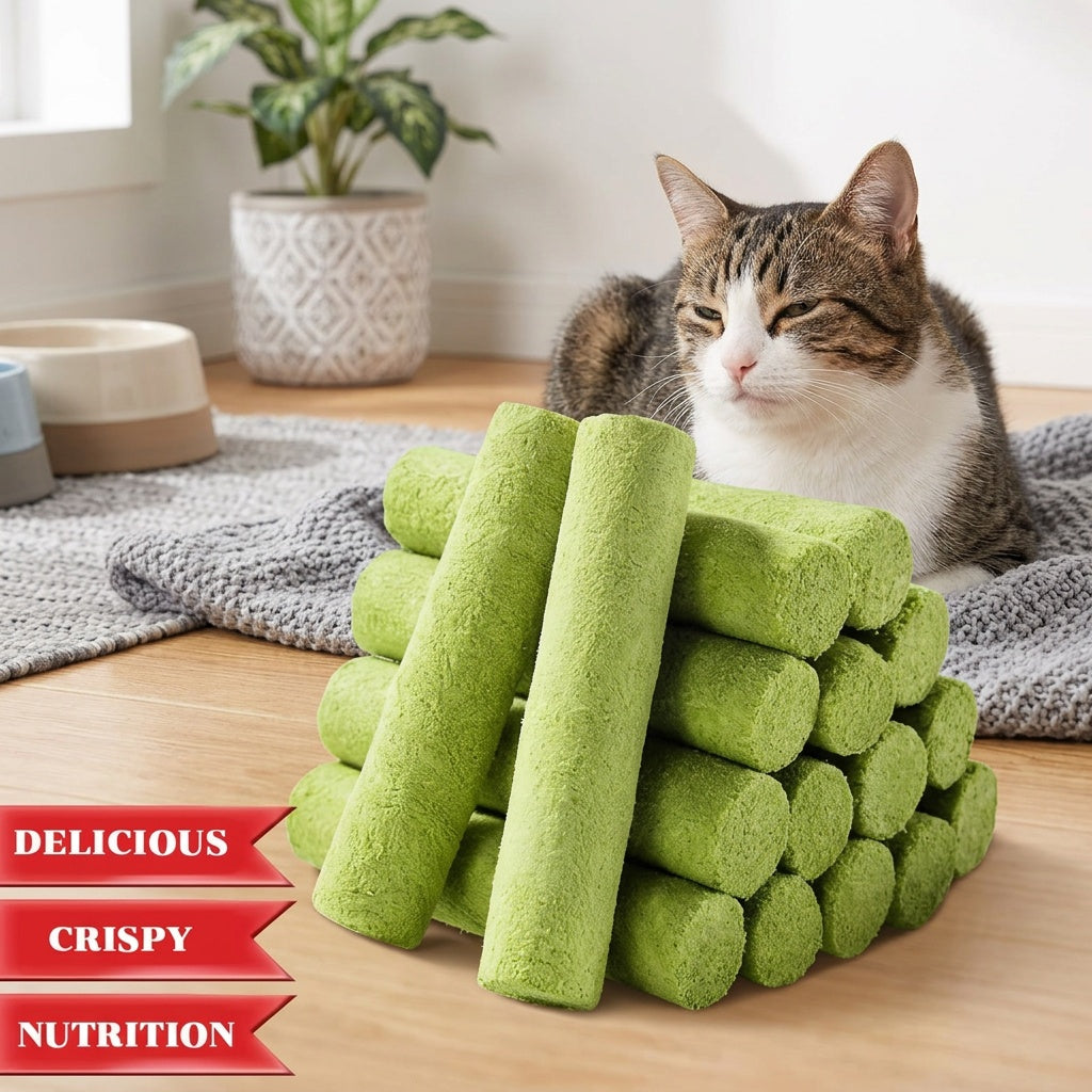 Cat Grass Chew Sticks, Freeze-Dried Edible Cat Snacks in 15 or 30 Piece Packs for Supervised Chewing, Treat Time and Cat Owner Gift Baskets