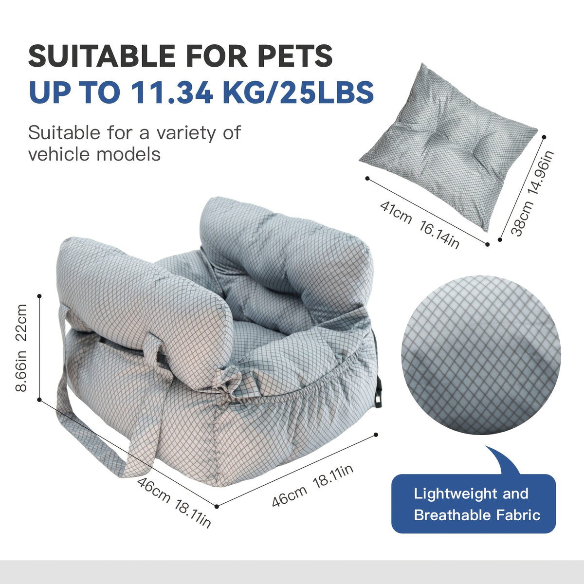 Portable Dog Car Seat with Carry Straps, Cushioned Pet Travel Bed for Dogs and Cats with Attachment Hook and Buckle, Seven Color and Style Options