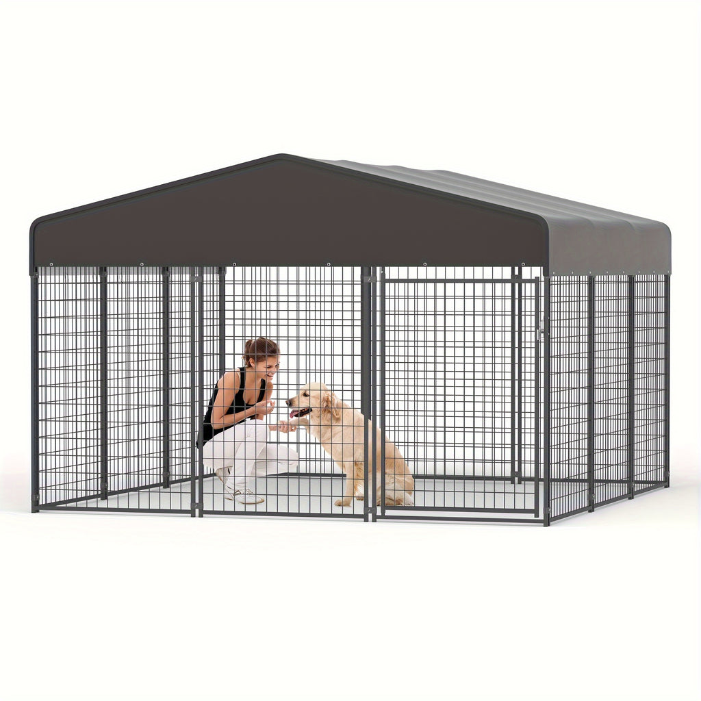 Outdoor Dog Run Enclosure with Roof Cover, Heavy-Duty Steel Mesh Kennel with Lockable Door and Ground Pegs, Four Size Options for Backyard and Farm