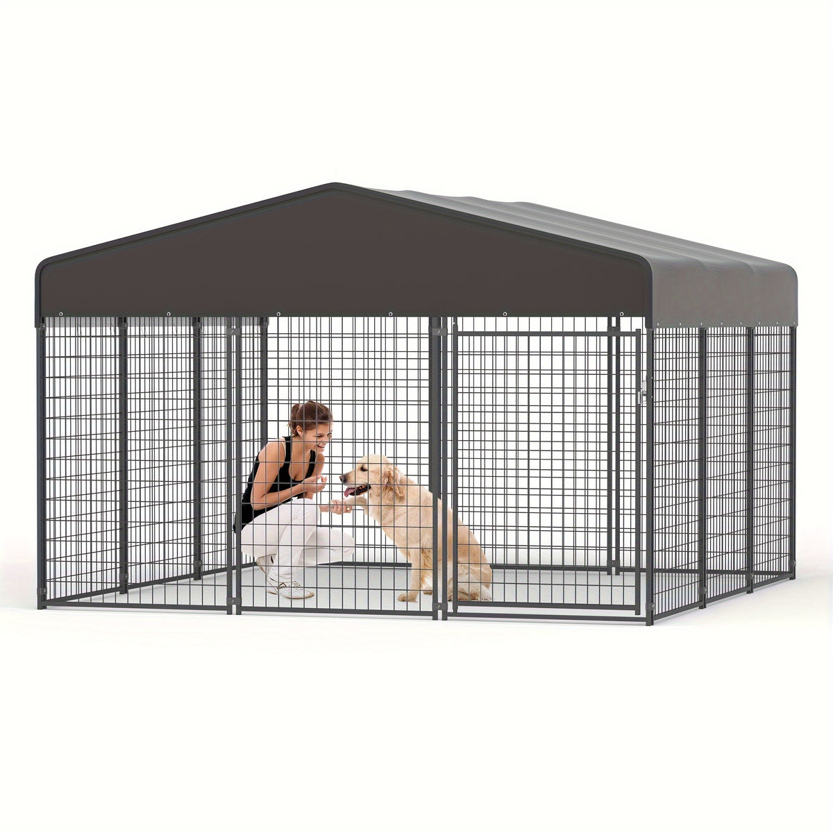 Outdoor Dog Run Enclosure with Roof Cover, Heavy-Duty Steel Mesh Kennel with Lockable Door and Ground Pegs, Four Size Options for Backyard and Farm