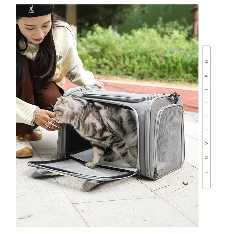 Large Foldable Cat Carrier for Cats and Puppies up to 25 lbs, Soft-Sided Pet Travel Cage in Grey or Black for Vet Visits and Everyday Trips