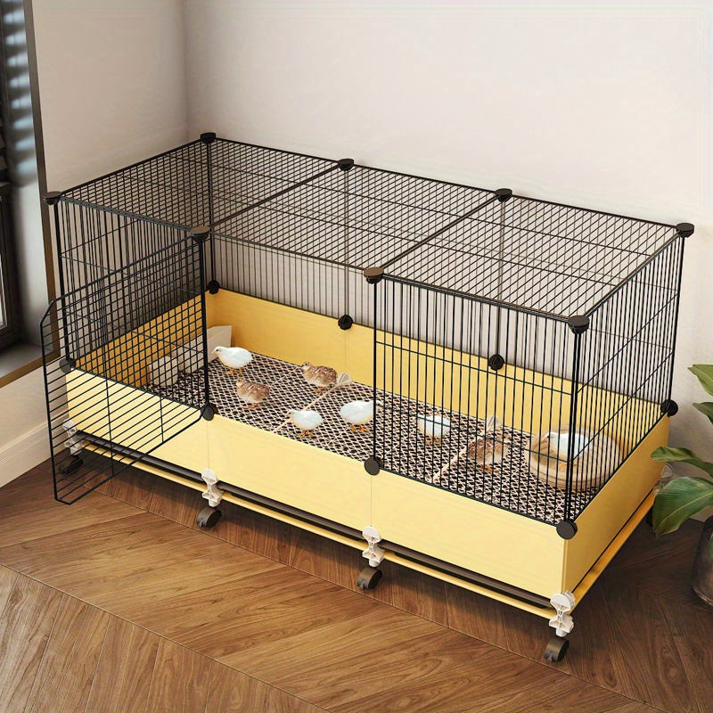 Rolling Poultry Cage 41.3 Inch with Yellow Lower Panels, Black Wire Mesh Enclosure, Front Access Door and Wheeled Base for Managed Bird Care