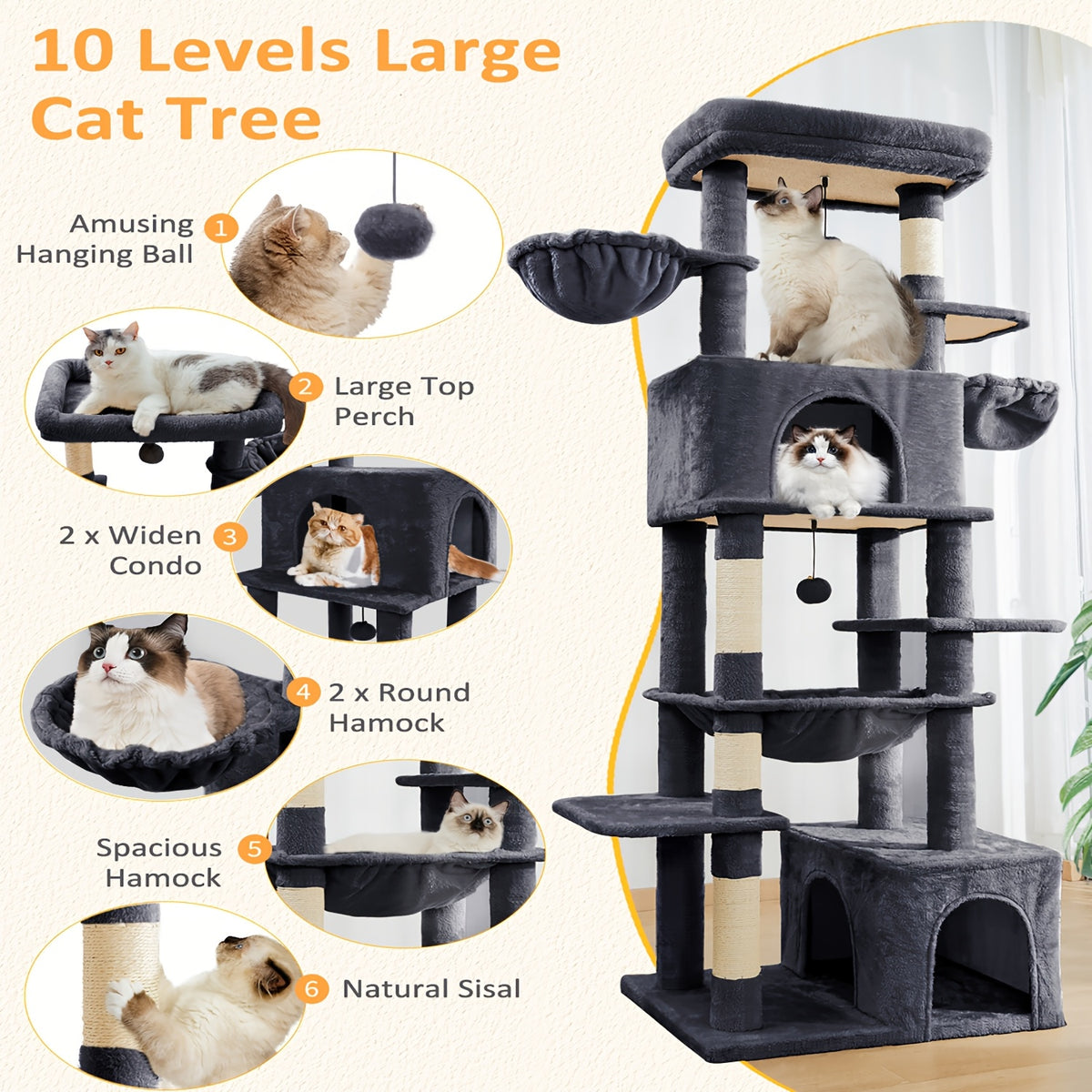 Cat Tree 68 Inch with Square Hammock and Two Condos, Multi-Level Indoor Cat Tower with Wide Perches and Sisal Scratching Posts in Grey or Light Grey