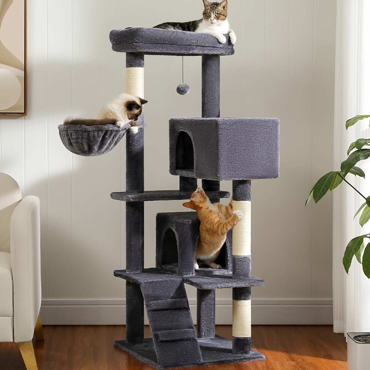 Cat Tree with Oversized Top Perch, 56.3 Inch Multi-Level Indoor Cat Tower with Hammock, Two Condo Hideaways and Scratching Posts, Five Colors