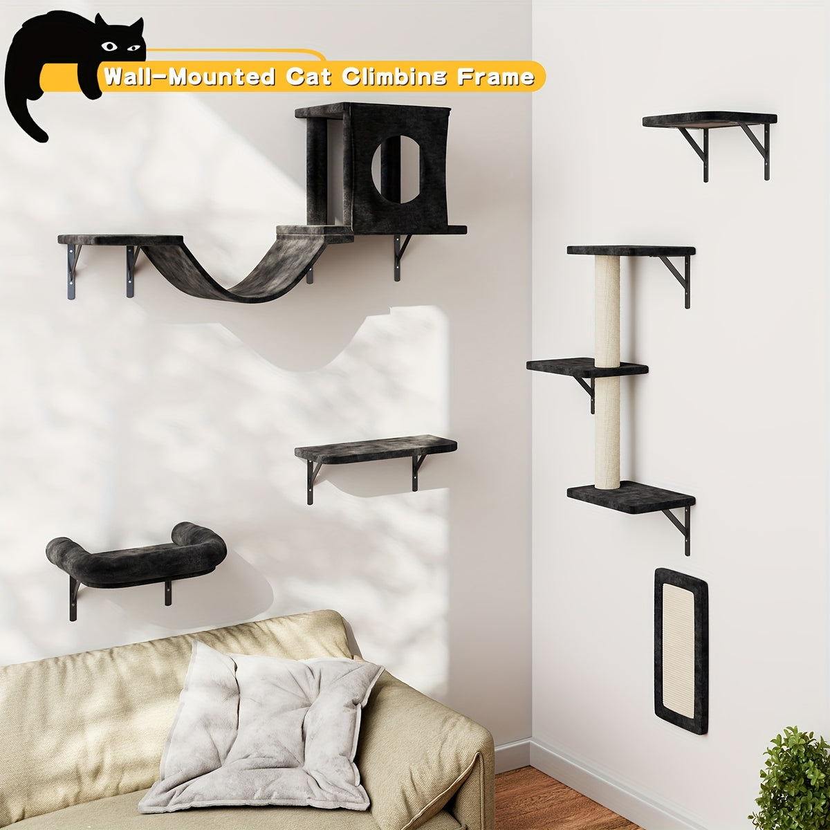 Cat Wall Climbing Shelves with Condo, 6-Piece Wall-Mounted Furniture Set with Scratching Post, Bridge Ladder and Board for Small and Medium Indoor Cats