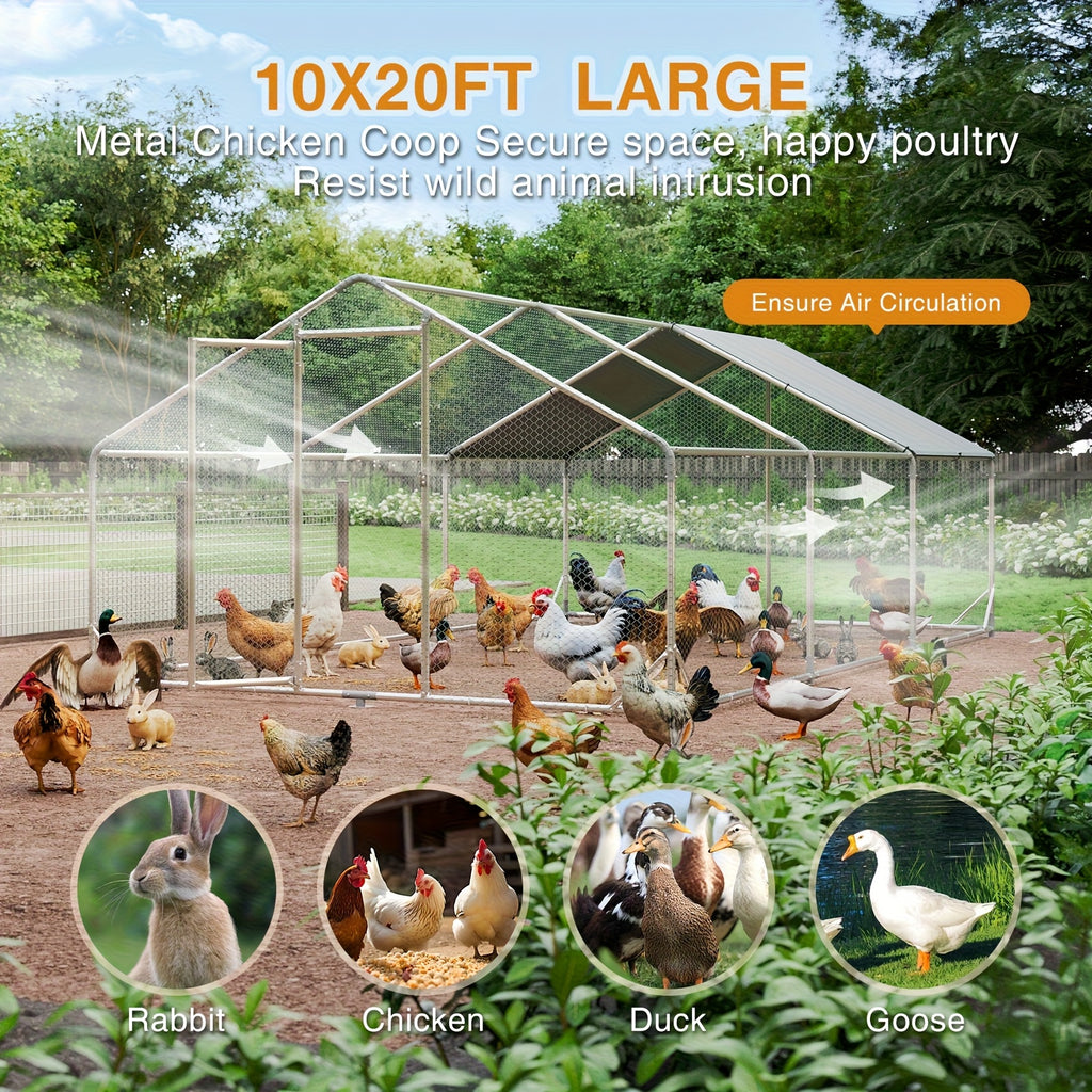 Chicken Coop with Winter Wrap Cover, Walk-In Galvanized Metal Poultry Run with Lockable Door for Backyard Hens and Ducks, White Size Options