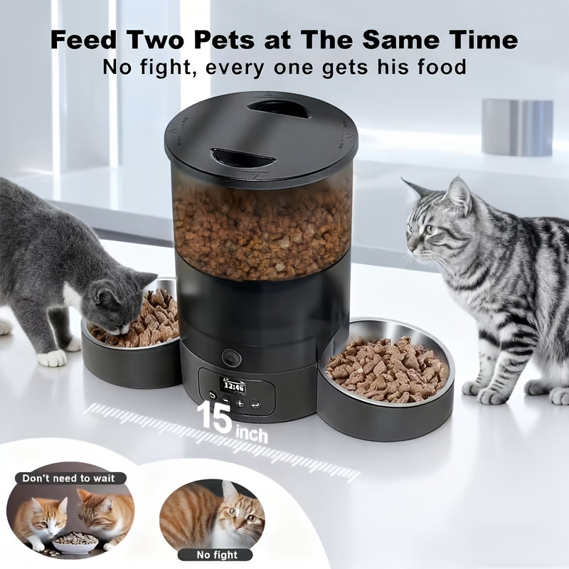 Timed Automatic Cat Feeder with 2 Stainless Steel Bowls, 101.44oz Button-Control Food Dispenser, 1-10 Feedings and Dual Power for Multi-Pet Homes