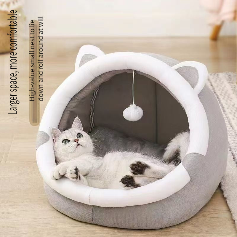 Cartoon Cat Cave Bed and Sleeping House, Cozy Indoor Kitty Hideaway for Curling Up and Resting, Large 16.34 x 16.34 x 13.78 Inches