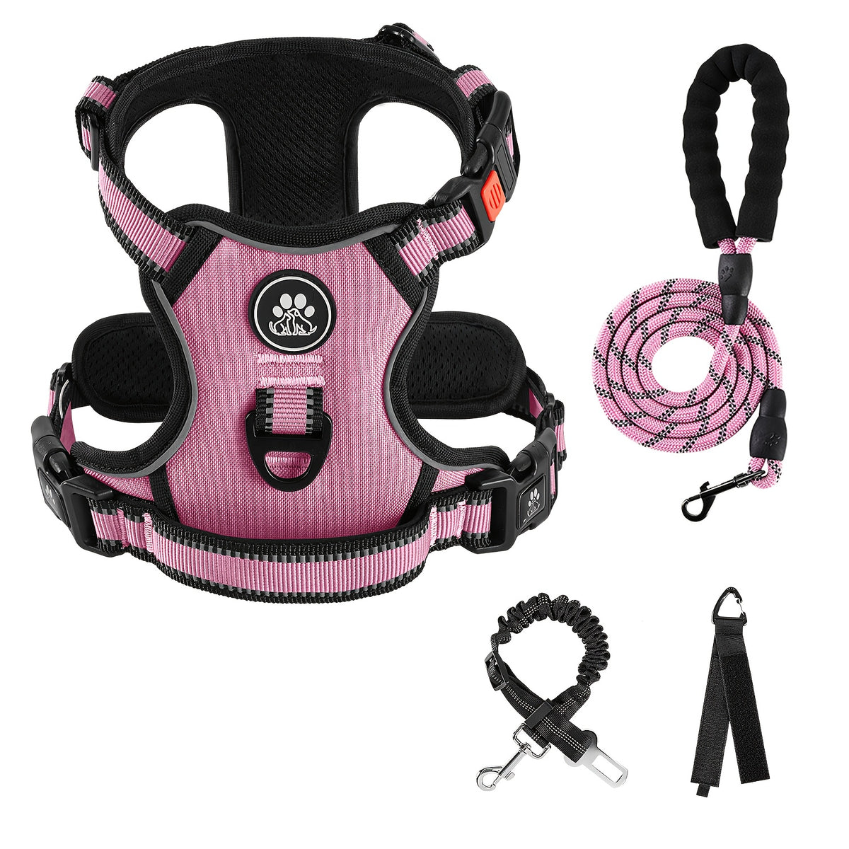 No Pull Dog Harness Set with Three-Buckle Open-Neck Design, Reflective Adjustable Vest, Padded Handle, Leash and Seat Belt, XS-XL