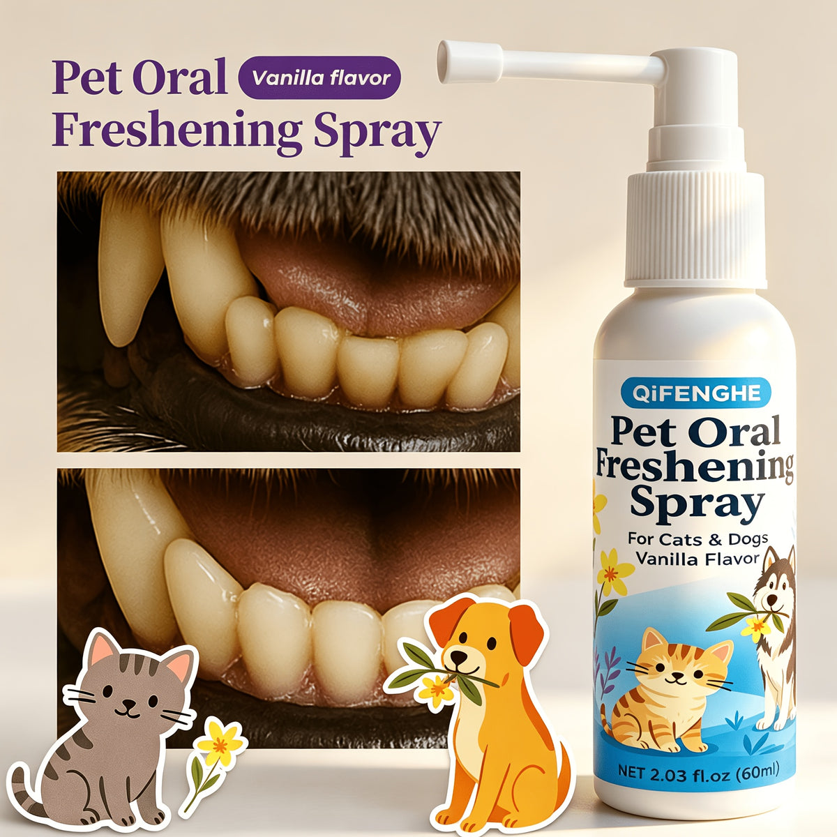 Dog Dental Spray for Dogs and Cats, Vanilla Flavor Pet Breath Freshener in 2.03 fl oz Bottle with Spray Nozzle for At-Home Oral Care Routines