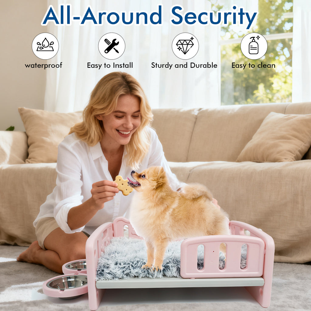 Elevated Dog Bed with Feeding Bowls, Plush Mat and Front Entry, Pink or Blue Pet Sofa with Paw-Print Side Panels for Small to Medium Dogs