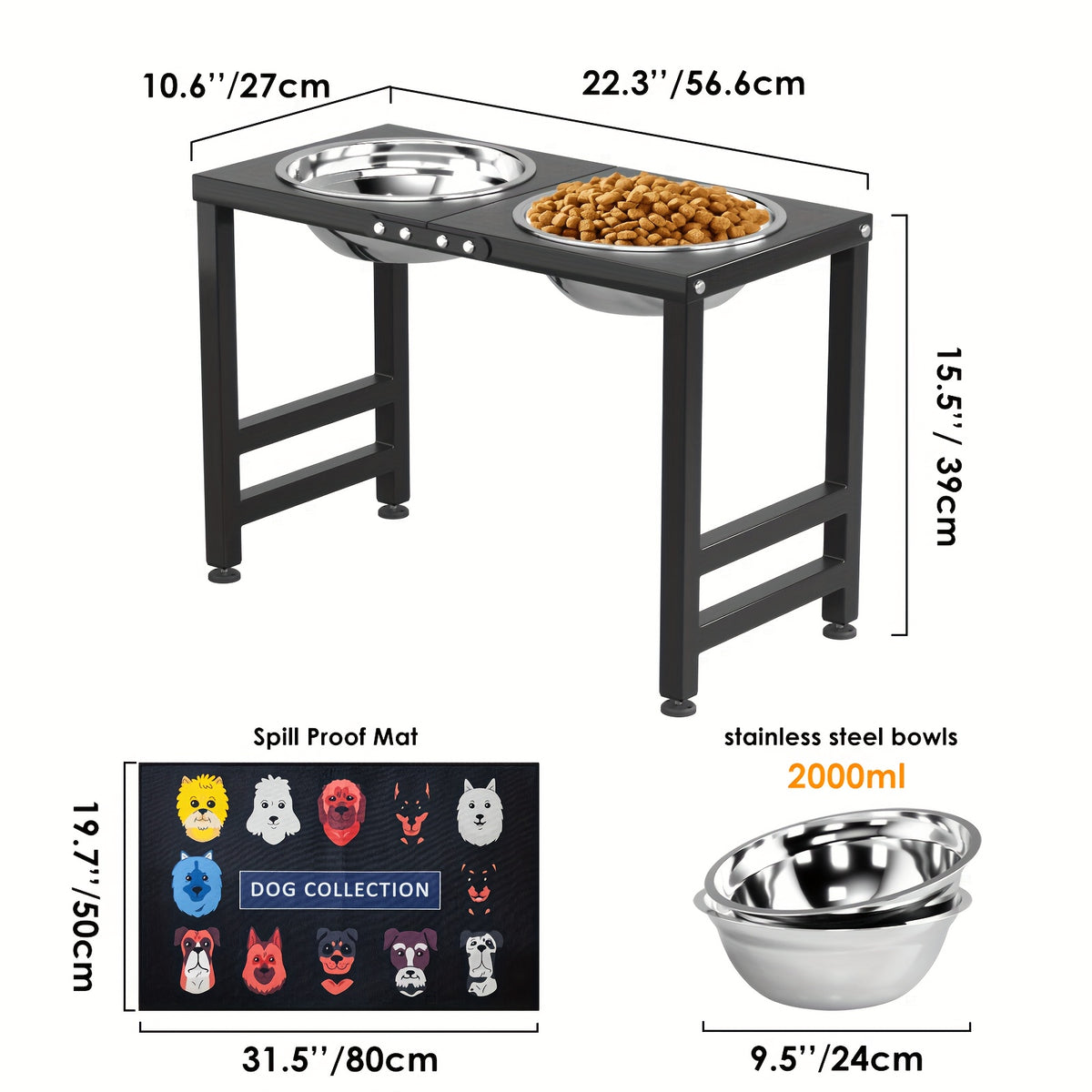Raised Dog Feeding Station with Two 2L Stainless Steel Bowls, Metal Stand and Splash Mat for Large Dogs, 10 or 15.5 Inch Height Options