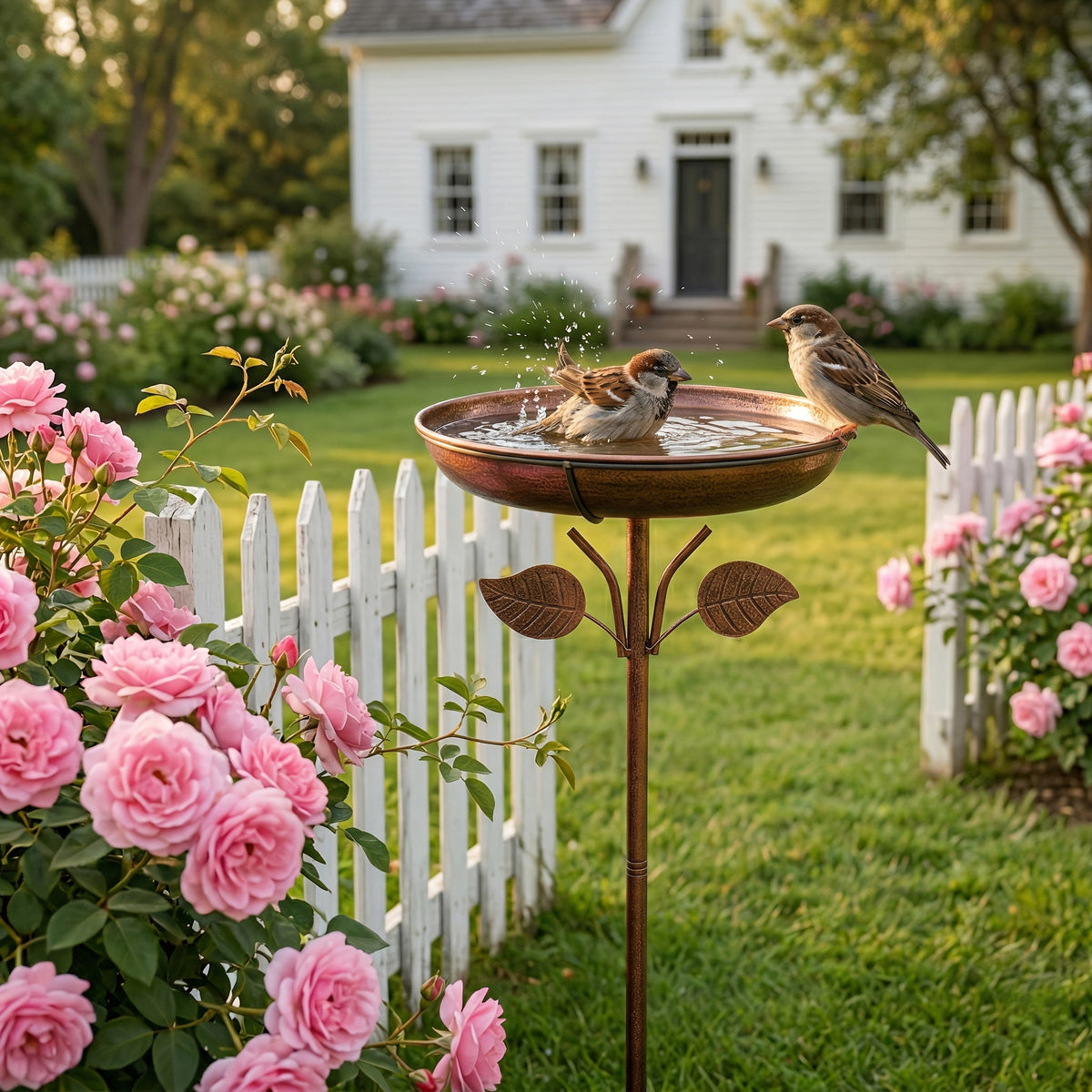 Outdoor Bird Bath with Removable Basin, 0.7 or 1.4 Gallon Garden Birdbath with Ground Stake, Decorative Bird Accents and Optional Solar Sprayer