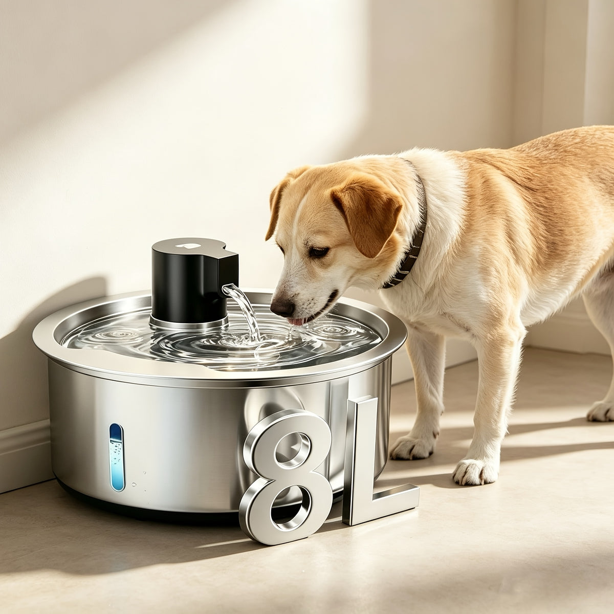 Pet Water Fountain 8L with Water Level Window, Silvery Stainless Steel Drinking Dispenser for Dogs and Cats with Selected Filter Bundle Options