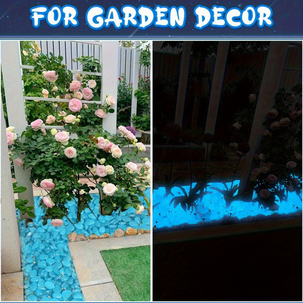 Glow in the Dark Pebbles, 1500 Blue Luminescent Decorative Stones Charged by Sunlight or Lamp Light for Garden Paths and Indoor Displays