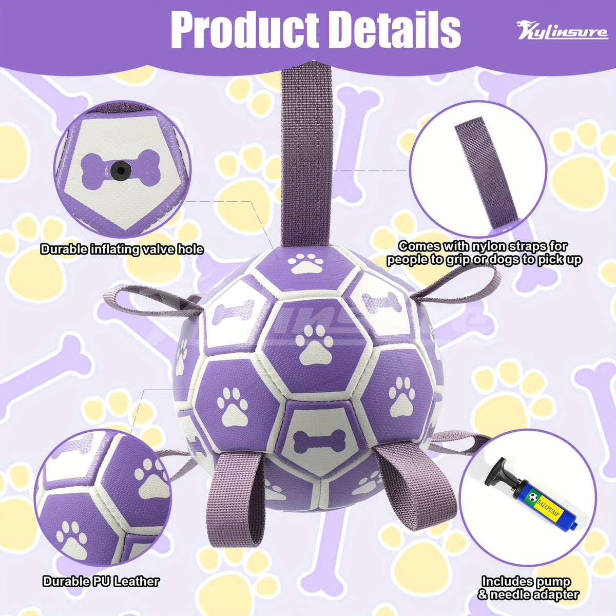 Dog Fetch Ball with Grab Straps, Purple and Gray Paw and Bone Soccer-Style Toy with Pump for Supervised Tug Games, Outdoor Play and Dog Birthday Gifts
