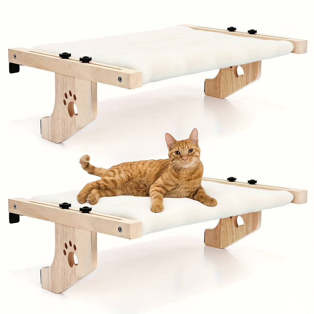 Wooden Cat Perch with Plush Pad, Wide Indoor Cat Hammock Platform for Compatible Window and Cabinet Locations, Optional Cool Mat Model