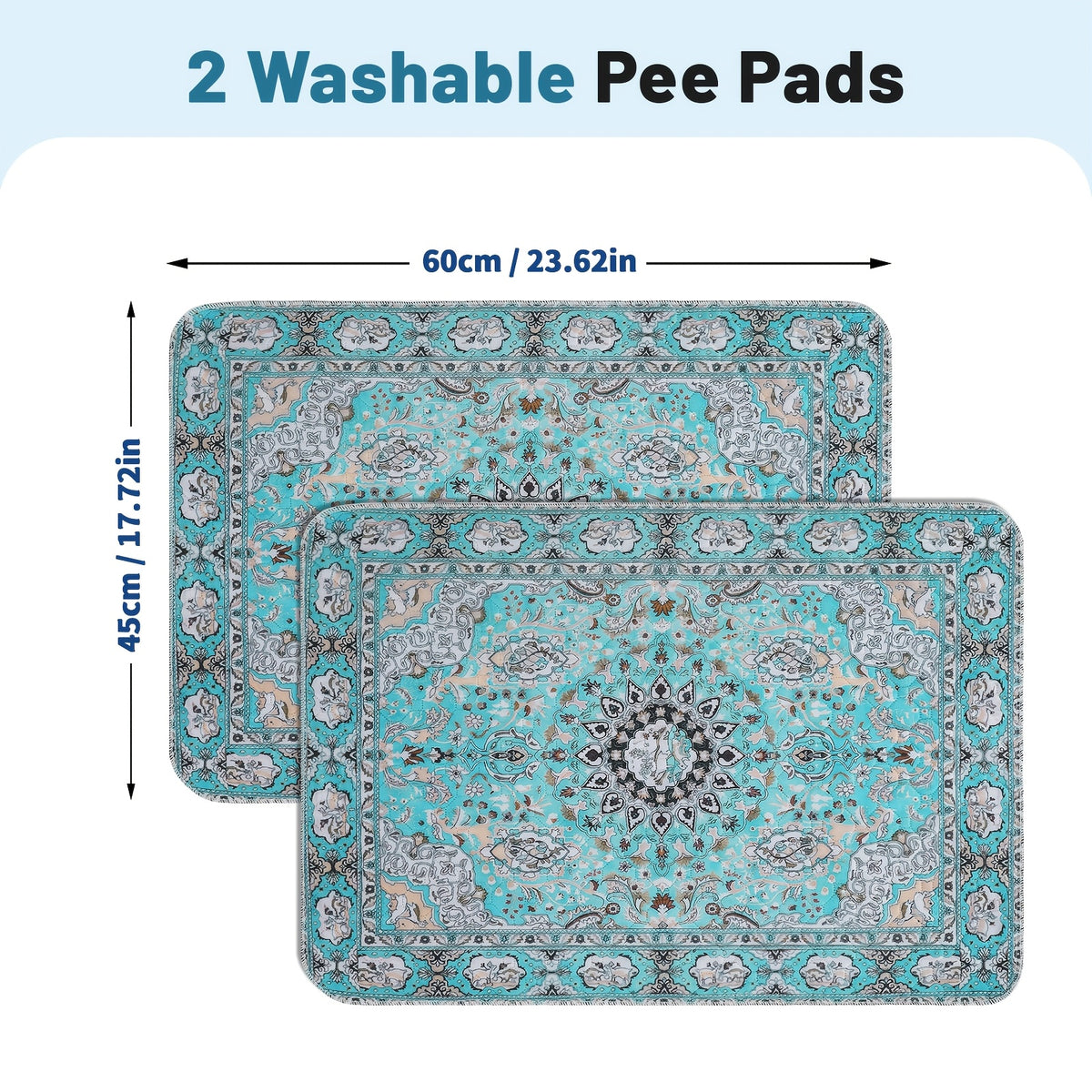 Washable Dog Pee Pads with Teal Medallion Print, 2 Pack Reusable Non-Slip Puppy Potty Training Mats for Floors, Crates and Couch Protection