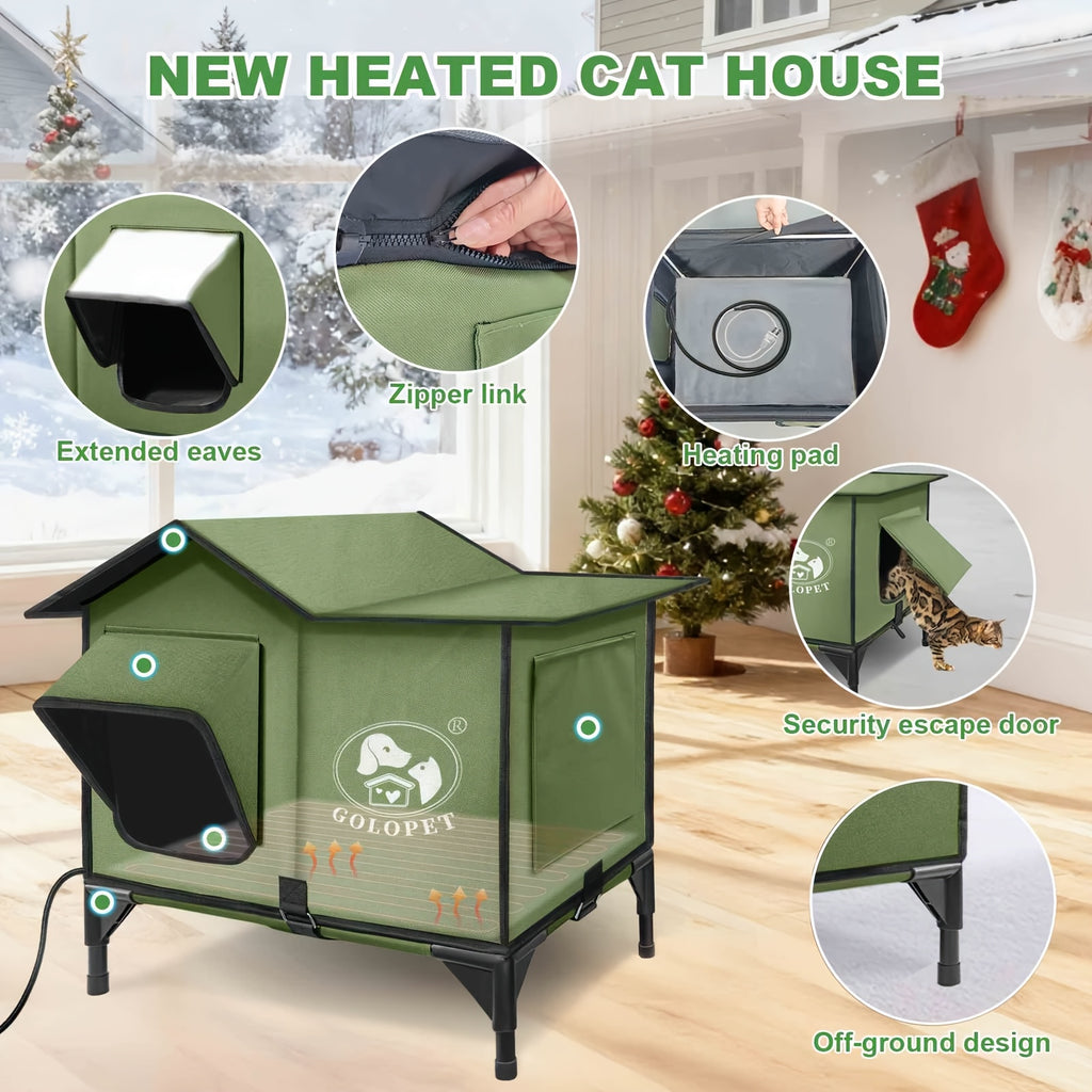Cat House with Detachable Heating Pad, XL 21 x 17 x 17 Inch Pet Shelter and Elevated Bed for Cats and Small Dogs, Indoor and Outdoor Use