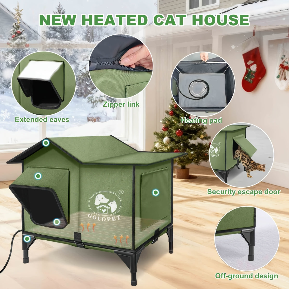 Cat House with Detachable Heating Pad, XL 21 x 17 x 17 Inch Pet Shelter and Elevated Bed for Cats and Small Dogs, Indoor and Outdoor Use