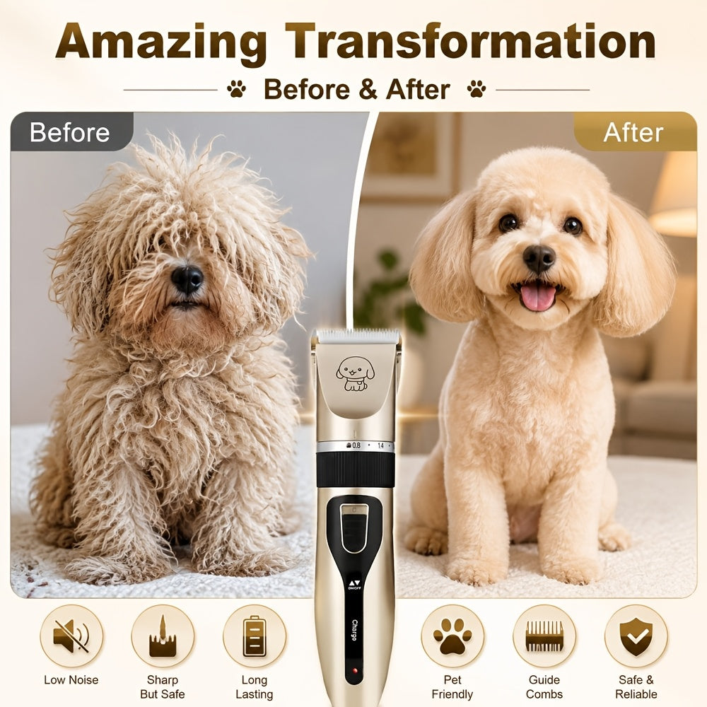Electric Dog Grooming Clippers, Low-Noise USB Rechargeable Pet Hair Trimmer for Dogs and Cats, Golden or Red with 12-Piece Set Options