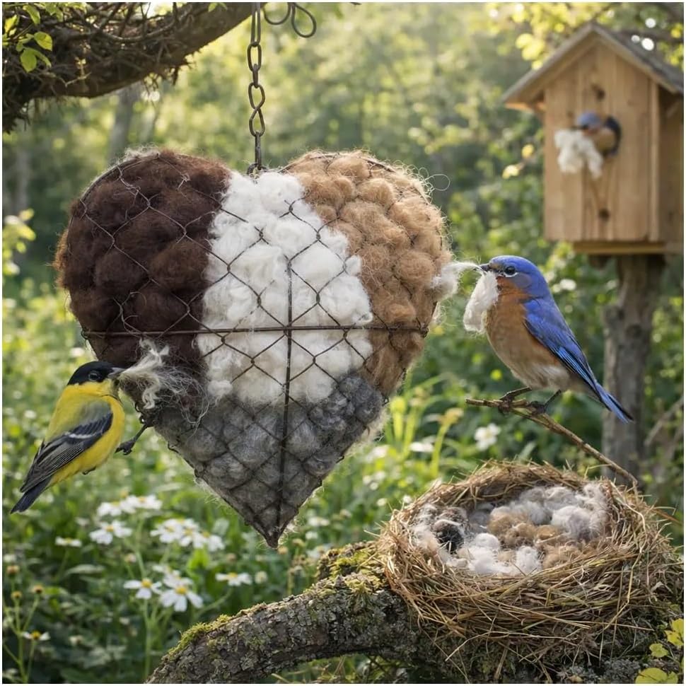 Heart-Shaped Hummingbird Nest, Handmade Fiber Bird Nest with 2 Bags of Nesting Materials, Finished Heart Garden Accent and Bird Lover Gift