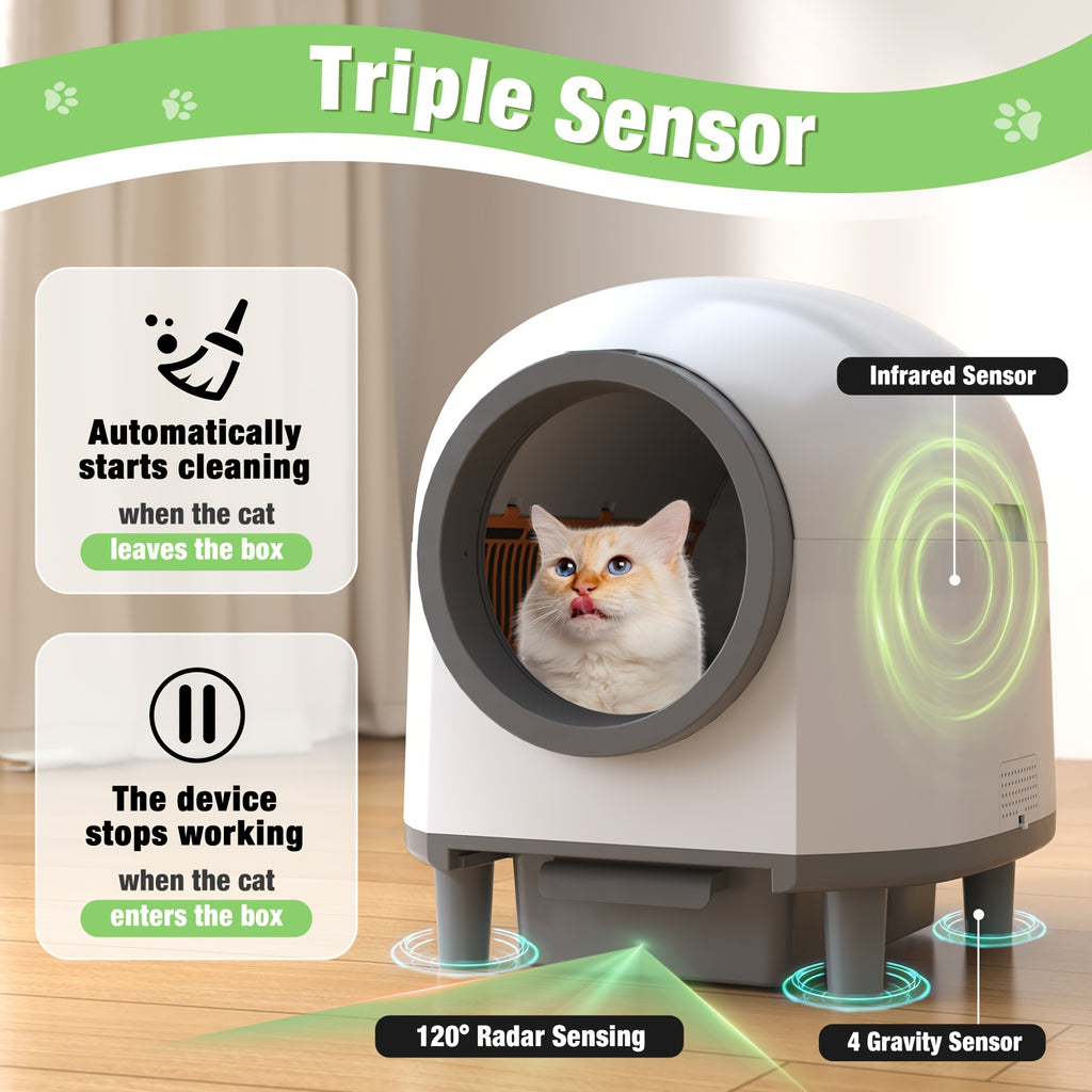 App-Controlled Self-Cleaning Cat Litter Box, 90L Interior with 10L Waste Compartment, Entry Step and Litter Mat for Multi-Cat Homes, CB00 White