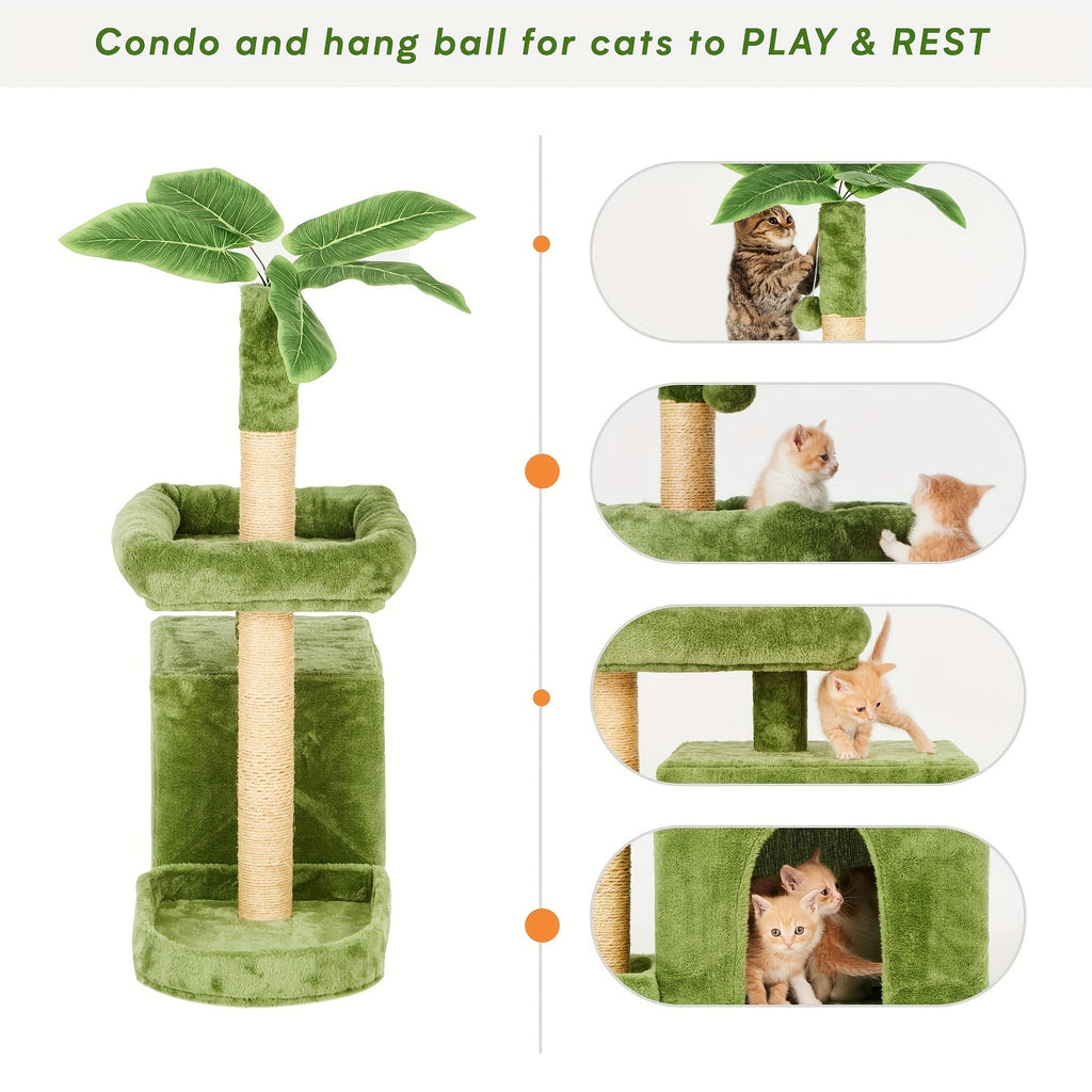 Cat Tree with Green Leaf Design, Indoor Cat Condo with Cozy Plush Resting Area, Hanging Ball and Sisal Scratching Post for Everyday Play