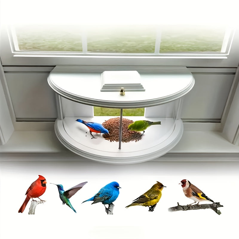 Panoramic Window Bird Feeder with 180-Degree Clear View, Recessed Feeding Tray and Lawn Deck in White for Bird Watching from Inside Your Home