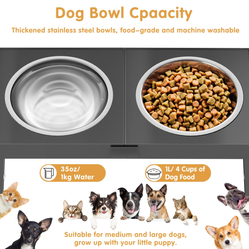 Raised Dog Food and Water Bowls with 4-Height Adjustable Stand, Two Stainless Steel Bowls at 9, 11, 12 or 14 Inches in Four Color Options