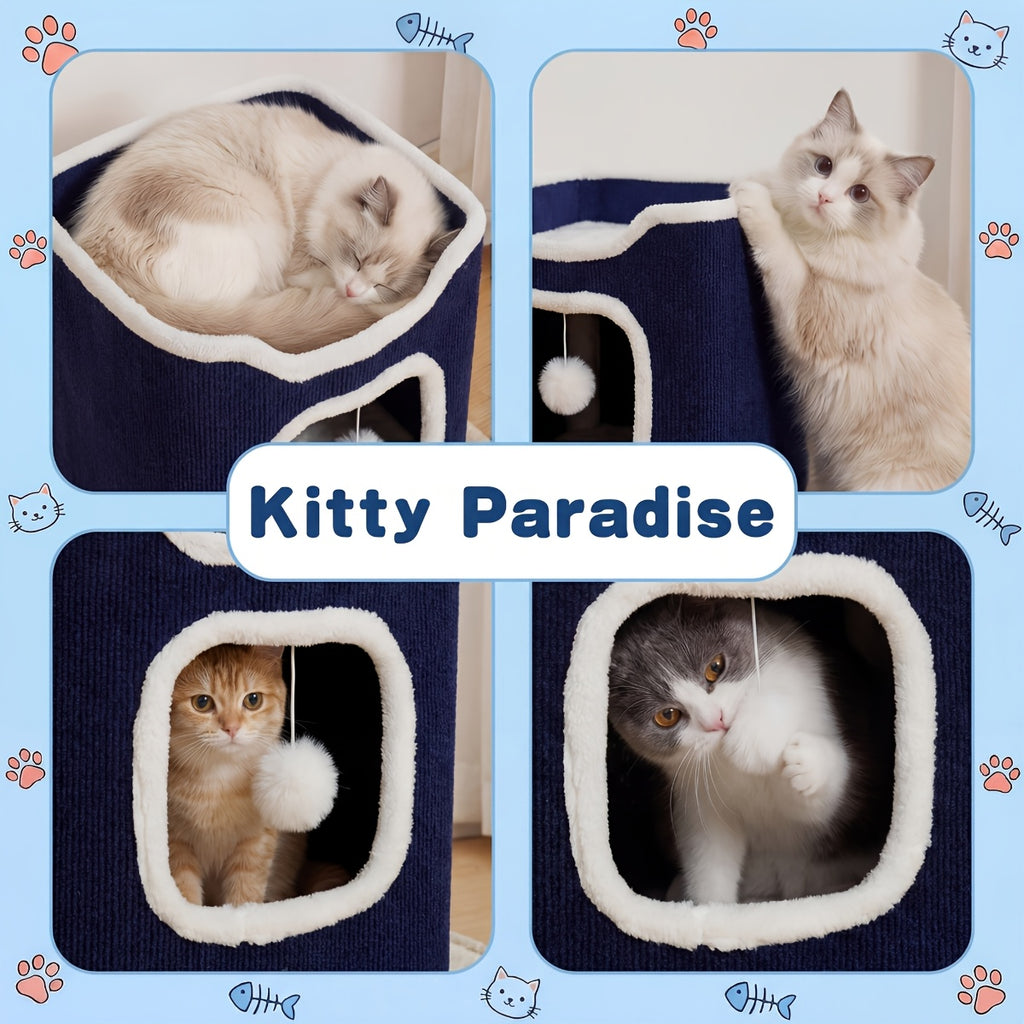 Cat Condo Cube Tower for Indoor Cats, Space-Saving Cat House Bed with Hanging Plush Ball, One to Three Stories in Beige, Coffee or Light Gray