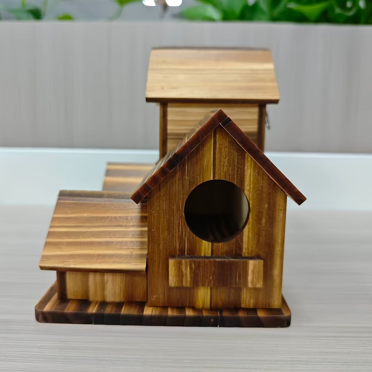 Wooden Birdhouse with Multi-Cottage Design, Rustic Pitched Roof Bird House in Dark Brown for Outdoor Garden Decor and Backyard Bird Lover Gifts