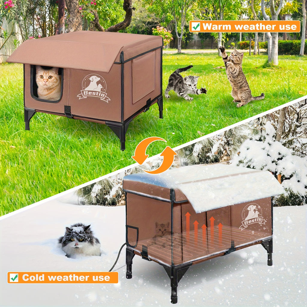 3-in-1 Heated Cat House with Detachable Heating Pad and Elevated Bed, Dual-Entry Cat Shelter in Brown, Camouflage and Roof Style Options