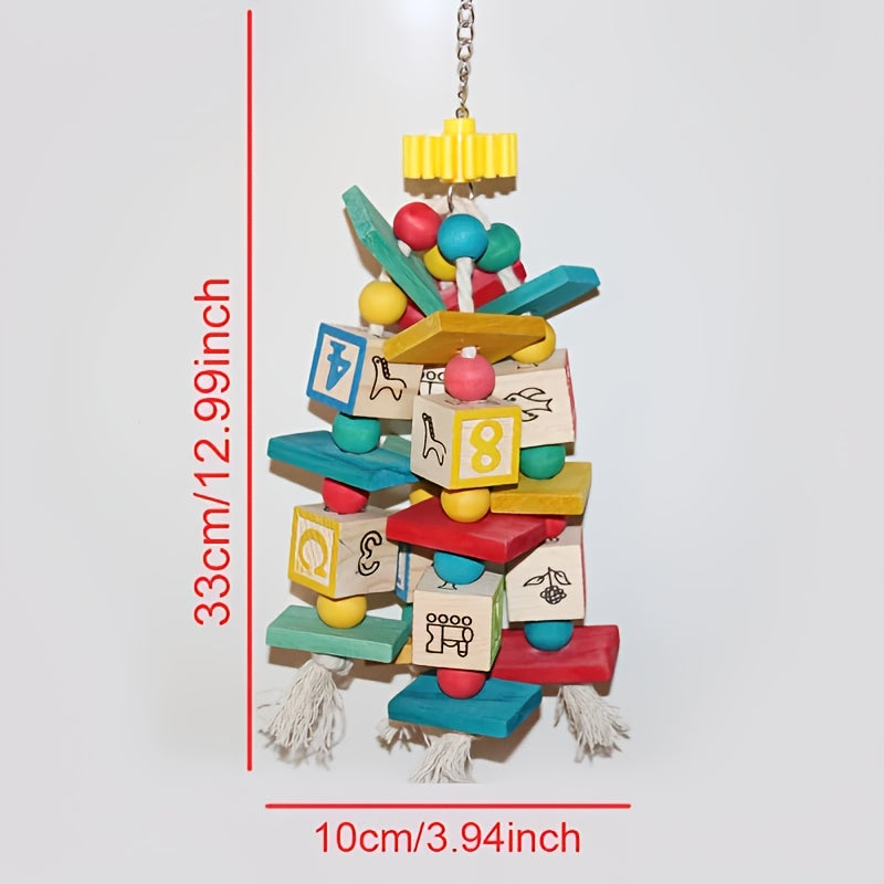Wooden Parrot Activity Toy with Number and Letter Blocks, Colorful Hanging Bird Chew Toy with Beads and Rope Tassels for Medium and Large Birds