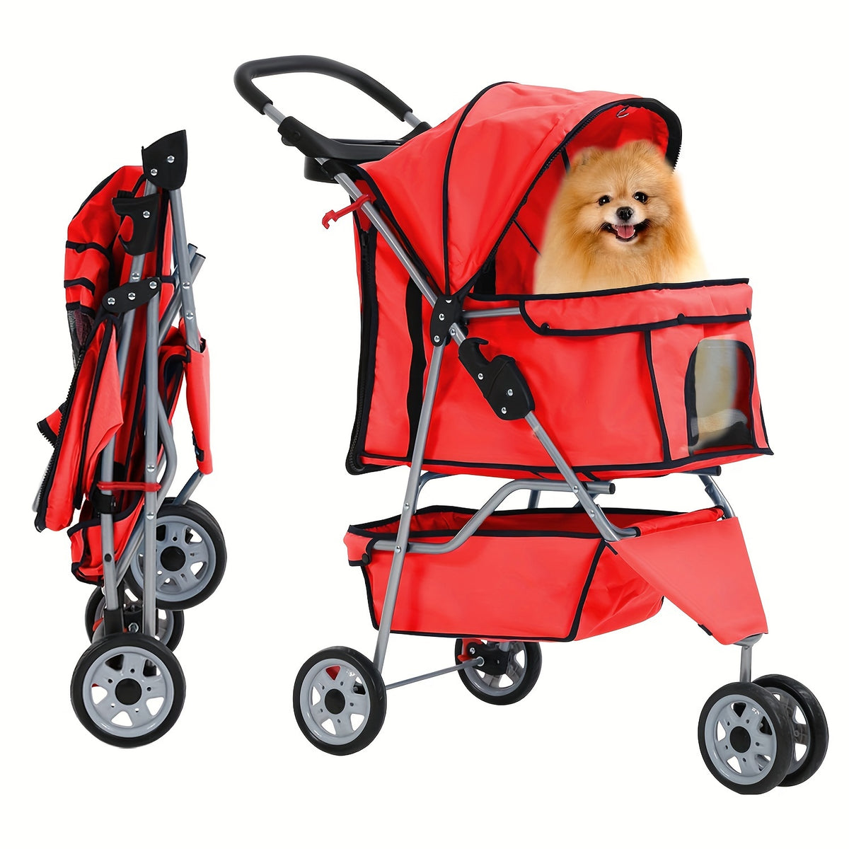 Dog Stroller with Removable Liner and Cup Holder, Three-Wheel Folding Pet Pushchair for Small Dogs, Cats and Medium Pets, Five Color Options