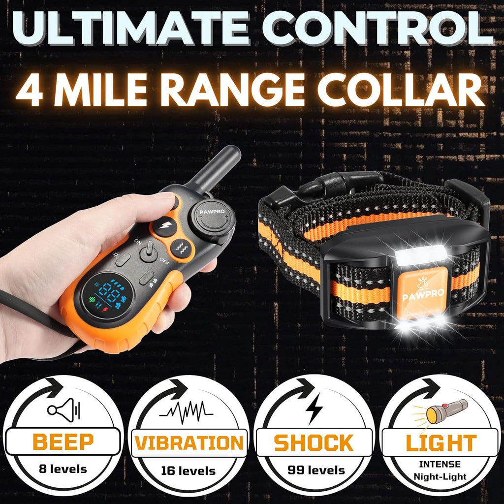 Long Range Dog Training Collar with Remote, PAWPRO Listed 4-Mile Range, 124 Adjustable Levels, Beep, Vibration, Static and Night-Light Modes