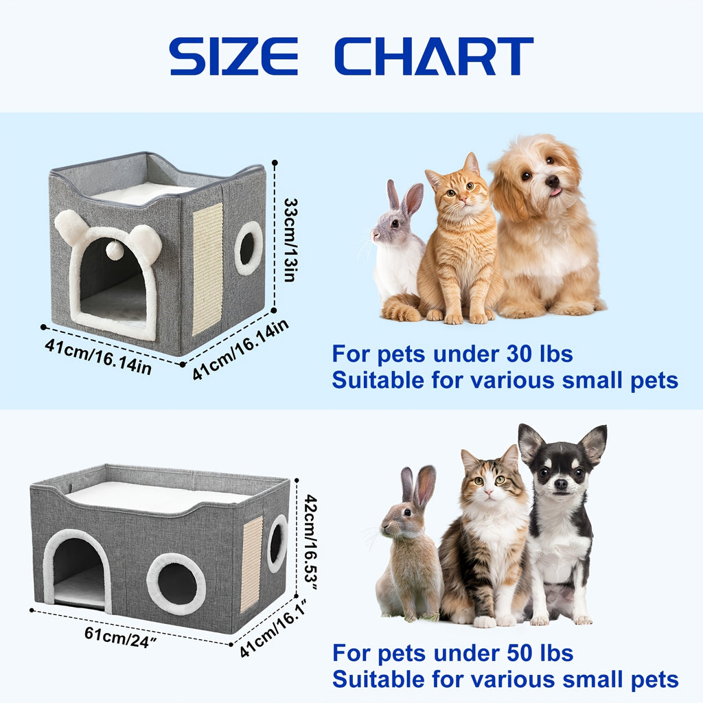 Foldable Cat House with Double-Layer Enclosed Bed and Sisal Scratching Feature, Grey Indoor Cat Hideaway with Multiple Openings for Small Spaces