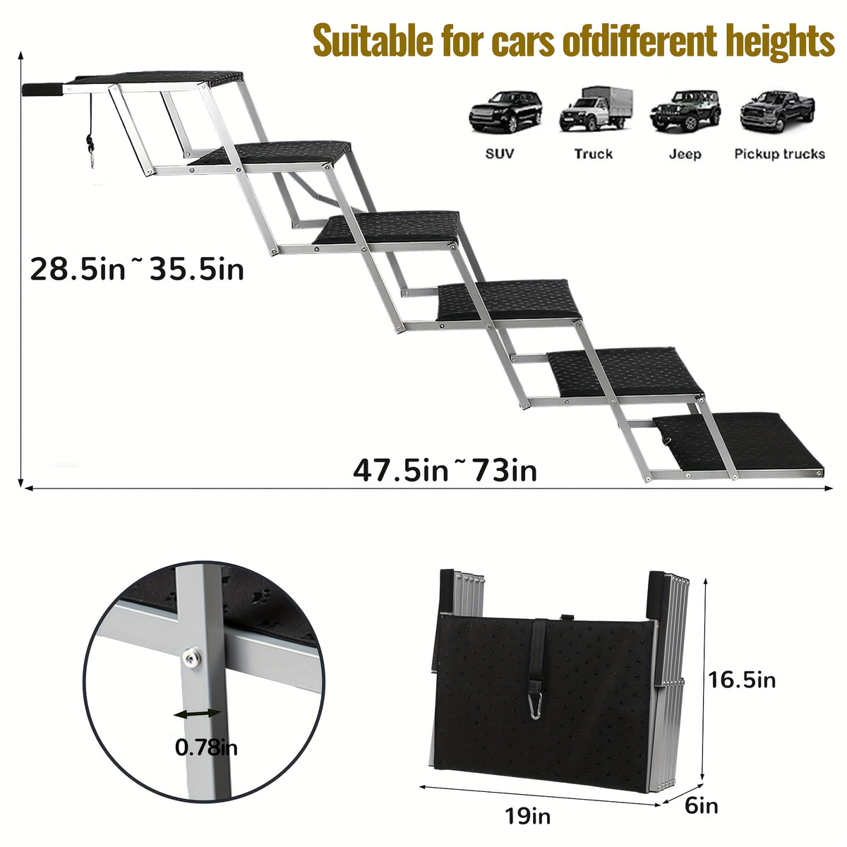 Dog Stairs for Cars, 6-Step Folding Non-Slip Pet Ladder for Large Dogs up to 200 lbs, Portable Vehicle Steps for SUVs and Trucks