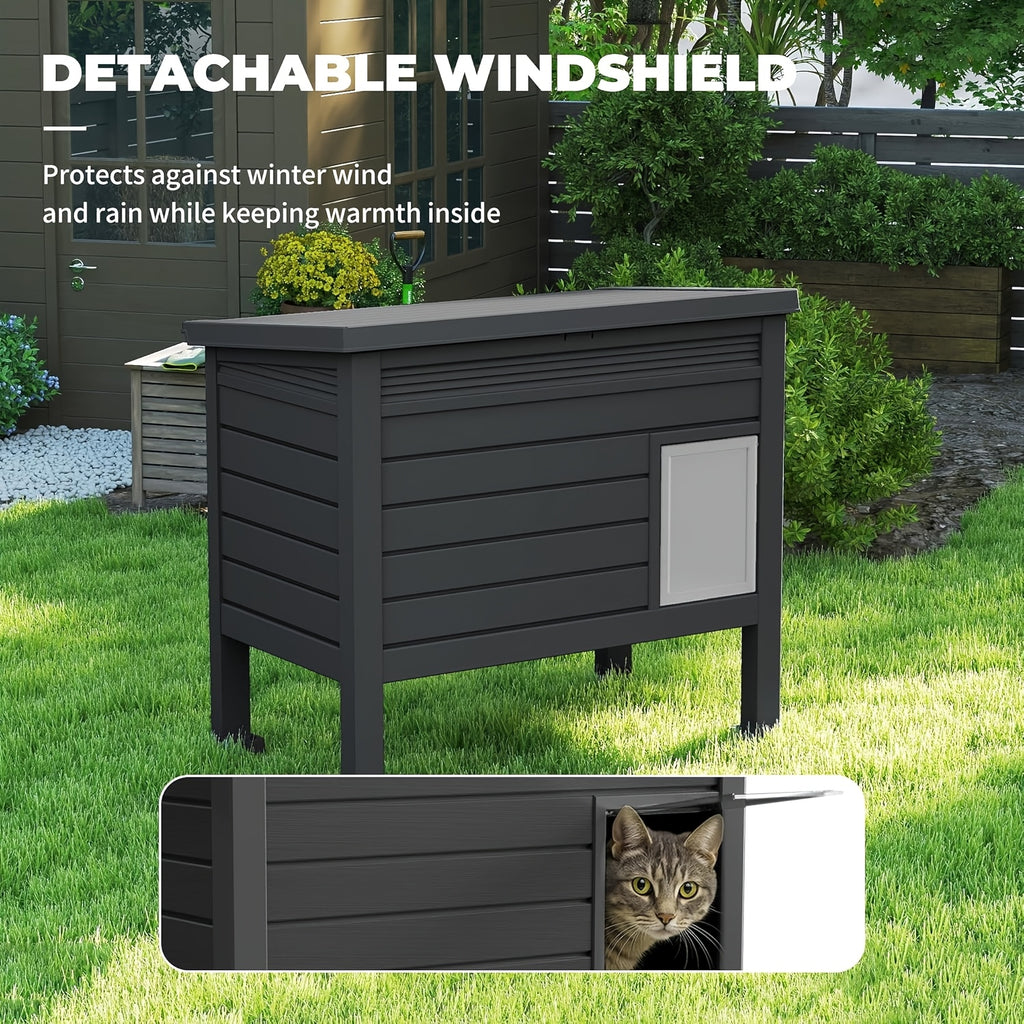 Cat House with Openable Doors, Black Resin Indoor and Sheltered Outdoor Cat Shelter, Easy-Clean Resting Space, 31.02 x 19.09 x 26.73 Inches