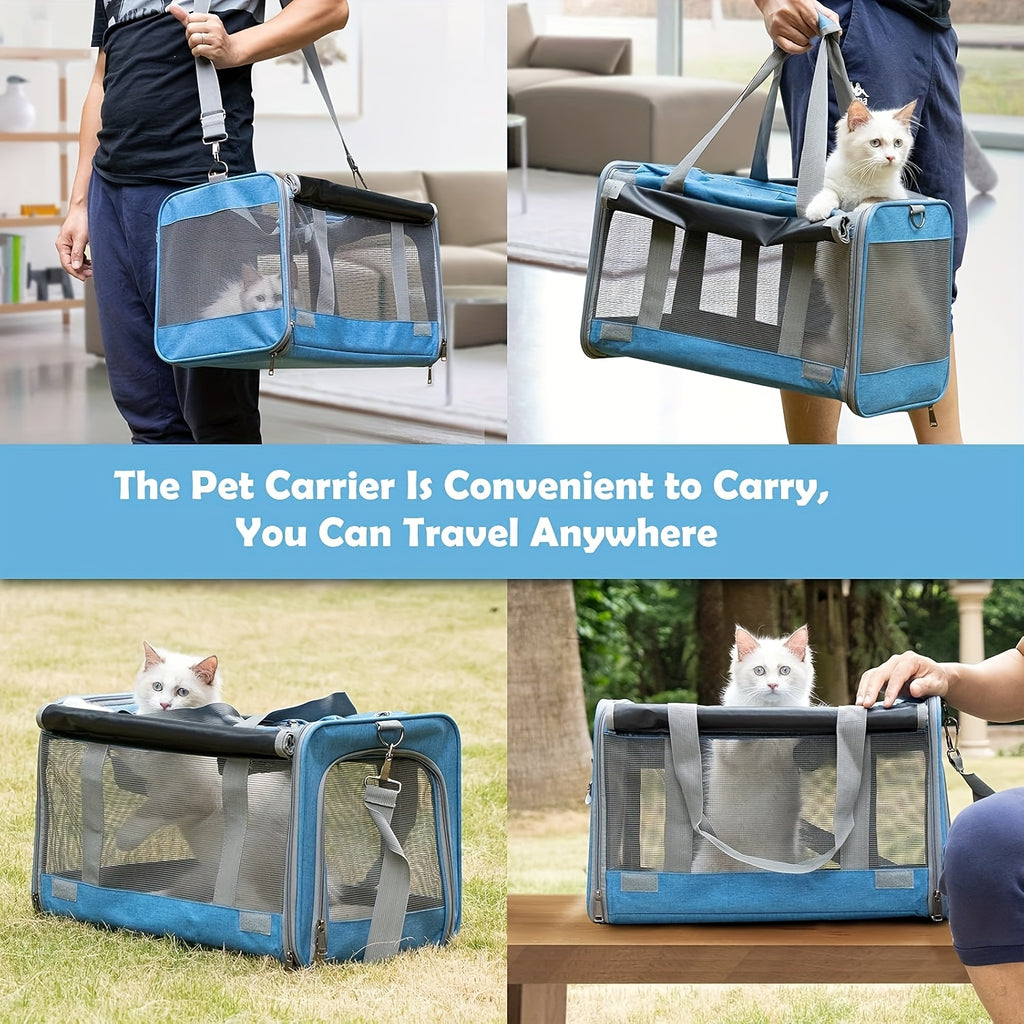 Cat Carrier Travel Set for Cats and Small Dogs, Soft-Sided Breathable Collapsible Pet Bag with Bowl, Collar or Pet Glove Bundle Options