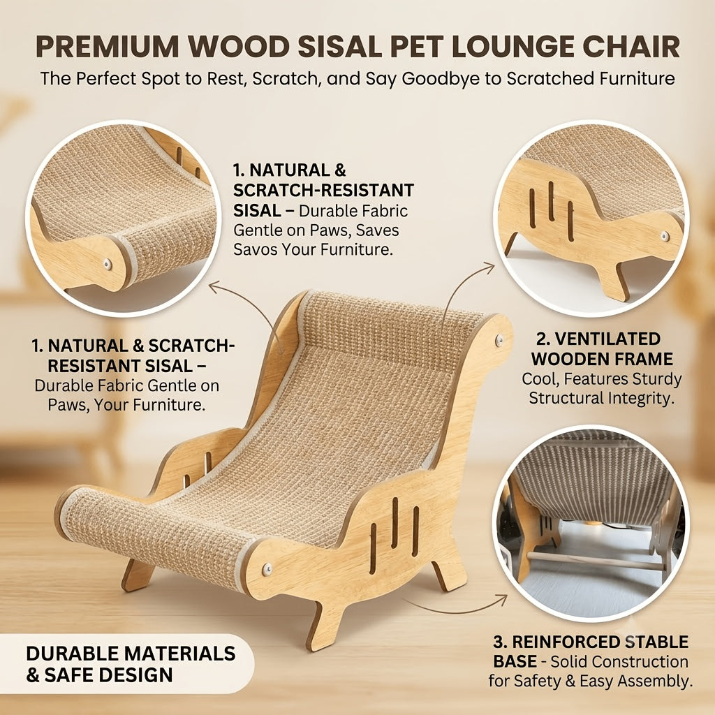 Cat Lounger Chair with Sisal Rope Scratching Bed, Elevated Hammock-Style Pet Beach Chair in Brown for Indoor Napping, Stretching and Relaxing