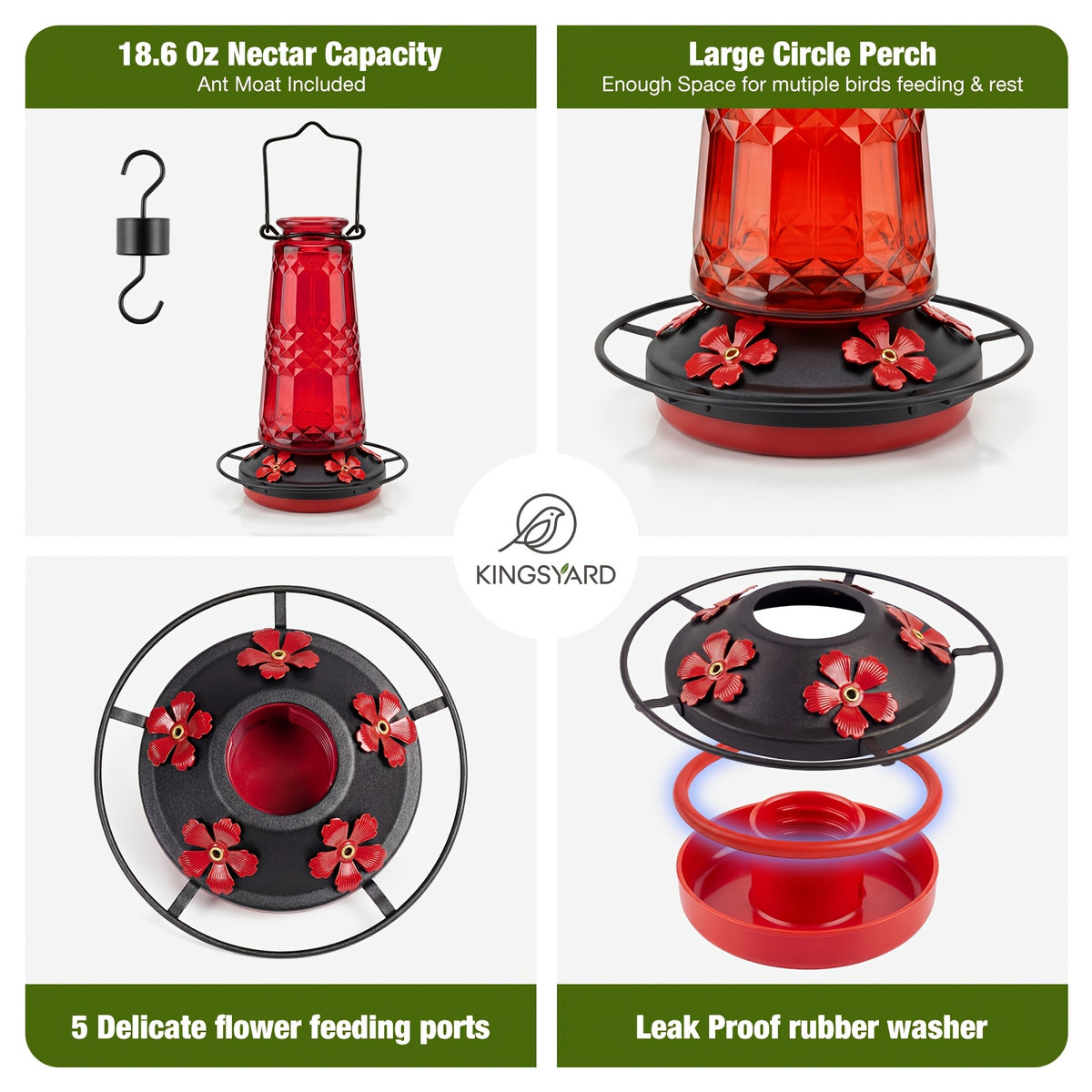 Glass Hummingbird Feeder 24oz by Kingsyard, Outdoor Hanging Nectar Feeder with 6 Feeding Ports and Ant Moat, Four Colors in Single or Two-Pack Options