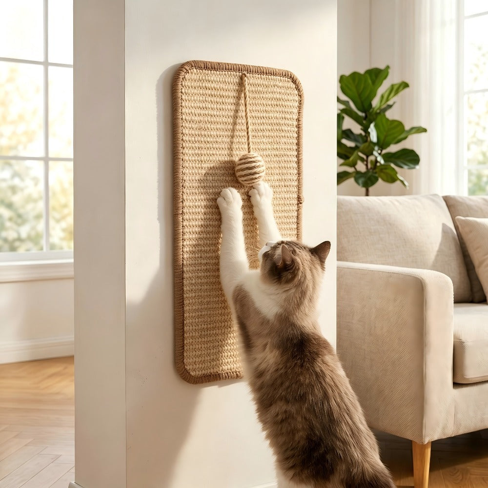 Sisal Cat Scratcher Pads with Hanging Ball, 2-Pack Self-Adhesive Scratching Surfaces for Indoor Cats, Sofa Corners and TV Cabinet Areas