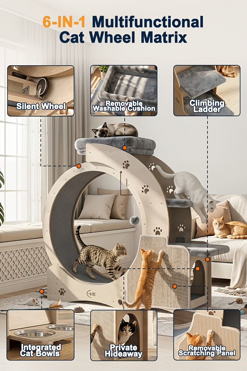 Cat Running Wheel for Indoor Exercise, Quiet Large Cat Treadmill with Stable Base in Wood Color for Daily Activity and Interactive Play