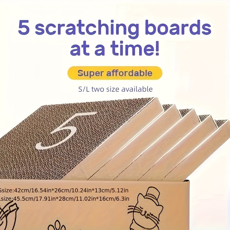 Cat Scratching Board Set with Box, 5 Reversible Corrugated Cardboard Pads for Indoor Scratching, Resting and Play, Standard or Extra Large Options