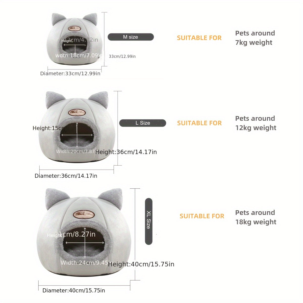 Cat Cave Bed with Cute Cat Ears for Indoor Cats and Kittens, Gray Enclosed Sleeping House with Rounded Entrance for Quiet Naps