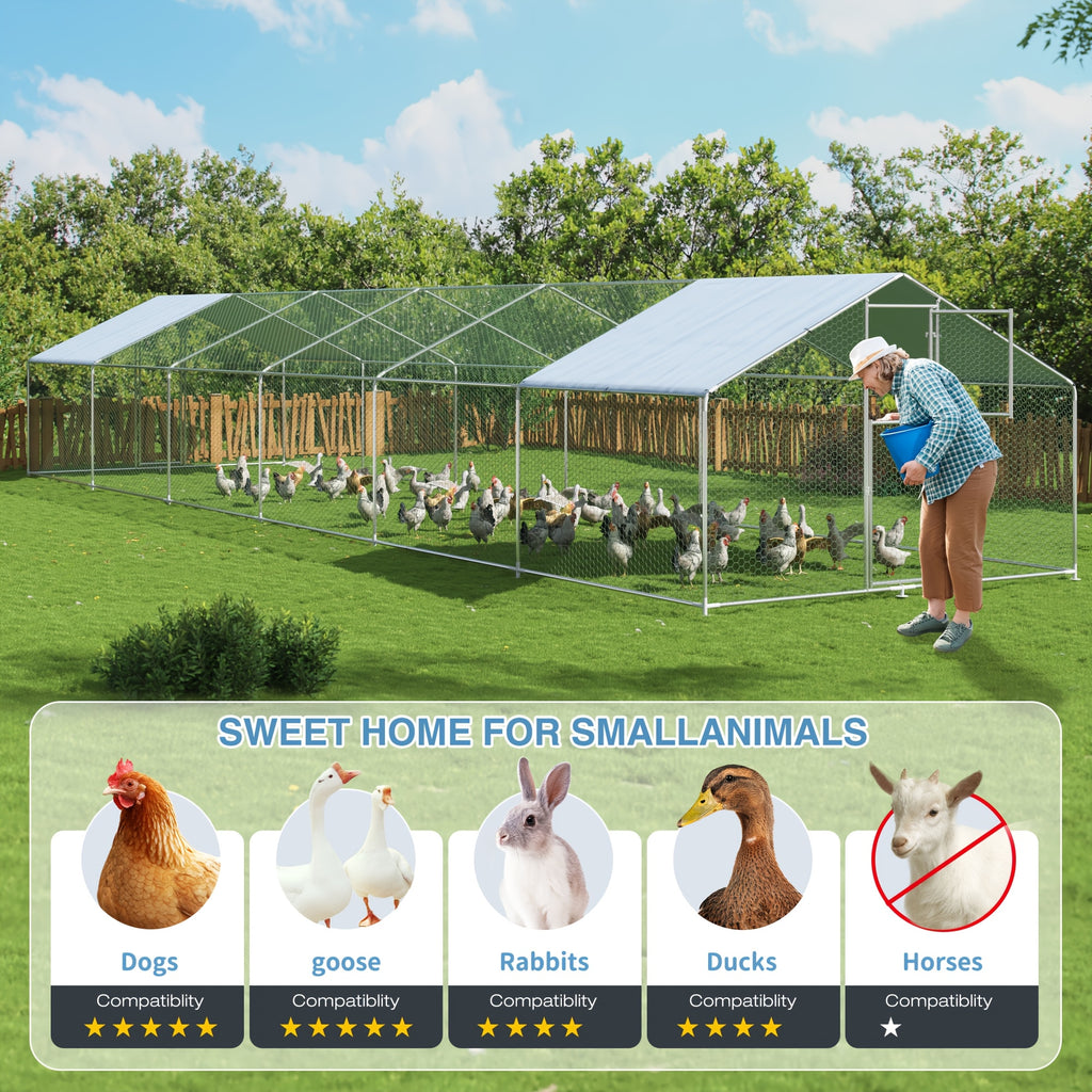 Outdoor Chicken Coop with Double Doors and UV Protection Cover, Large Metal Walk-In Poultry Run for Backyard Hens, Five Size Options