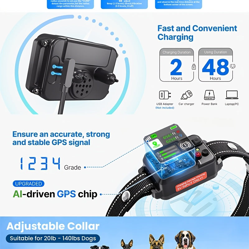 Adjustable GPS Wireless Dog Fence with 49–6561 ft Listed Range, Rechargeable Boundary Training Collar with Beep, Vibration and Static Modes for Outdoor Yards