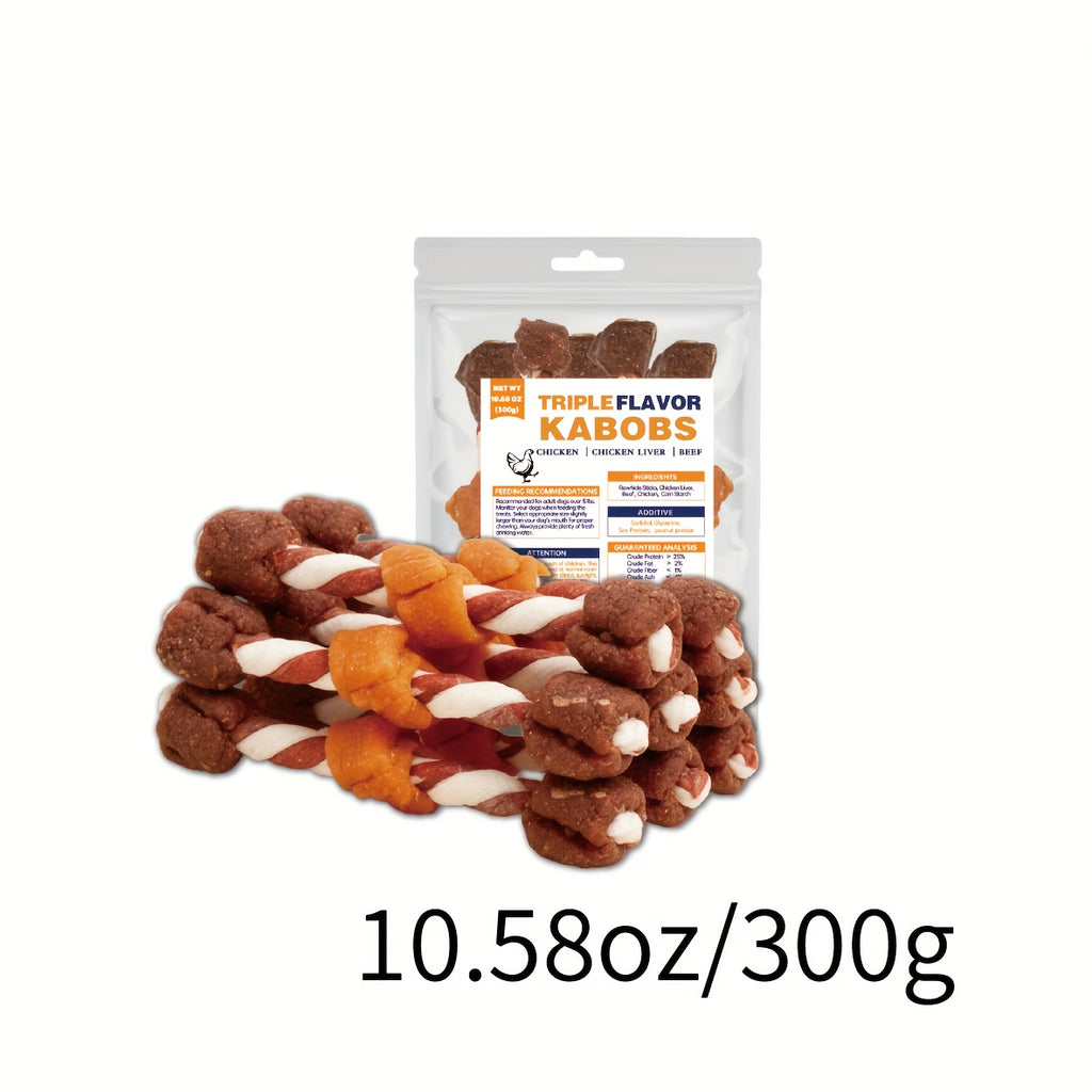 Rawhide Kabob Dog Treats with Beef, Chicken and Chicken Liver, Plus Twist Stick Options in 100g to 900g Packs for Supervised Chewing
