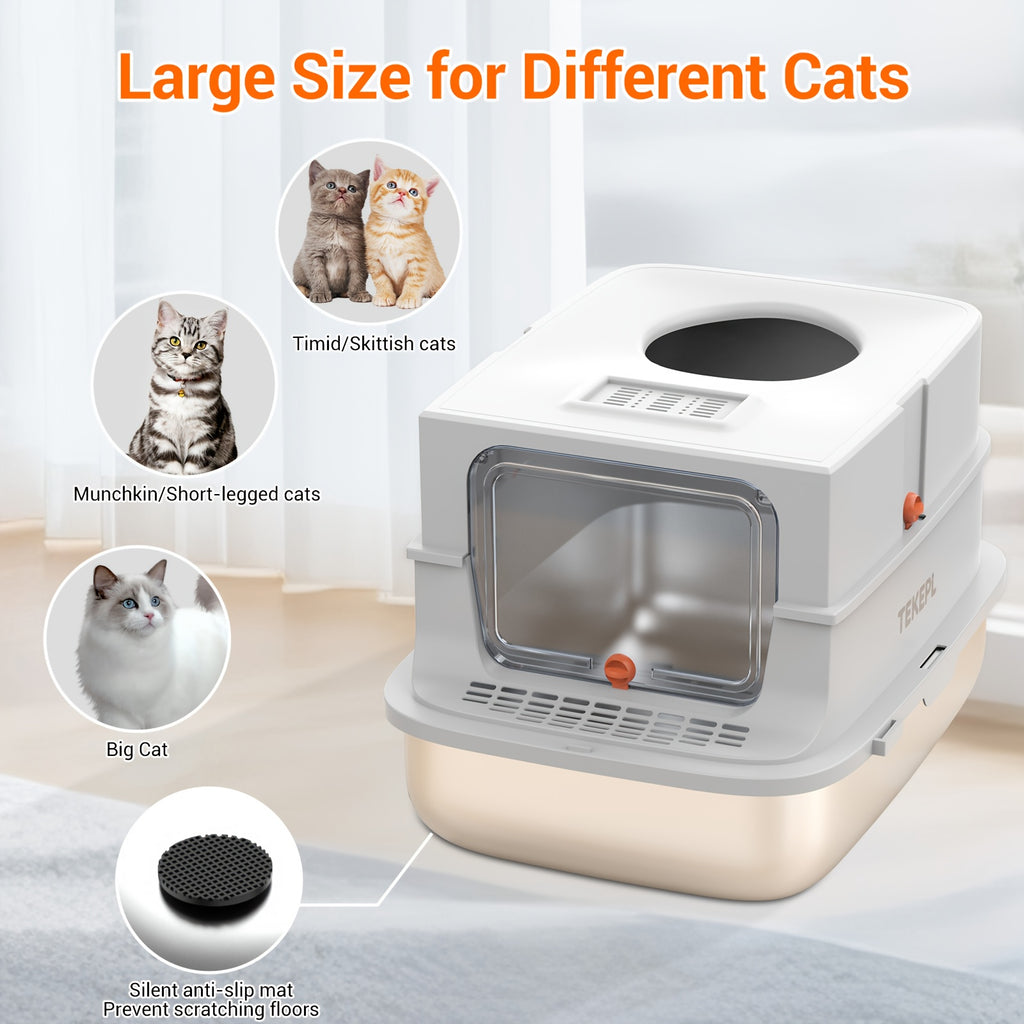 Modular Stainless Steel Cat Litter Box with Lid, Extra Large High-Sided Enclosed or Semi-Open Cat Toilet with Step, Mat and Scoop